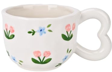 Koythin Ceramic Coffee Mug, Cute Creative Heart Handle Mug Design for Office and Home, Dishwasher and Microwave Safe, 10.5 oz/300 ml for Milk Latte Tea (Little Tulip)