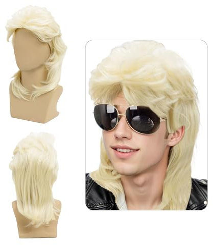 80er Perücke Herren Disco Perücke Herren Popstar Perücke Lange Lockig Mullet Perücke für Fasching, Karneval und Kostüm-Perücken Blond Curly