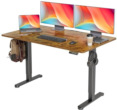 Claiks Höhenverstellbarer Schreibtisch 140 x 70 cm (FSC®), 80KG Tragkraft Schreibtisch Höhenverstellbar mit 2 Haken und 3 Memory-Funktion, Standing Desk mit Leiser Motor für Home office, Vintage Braun