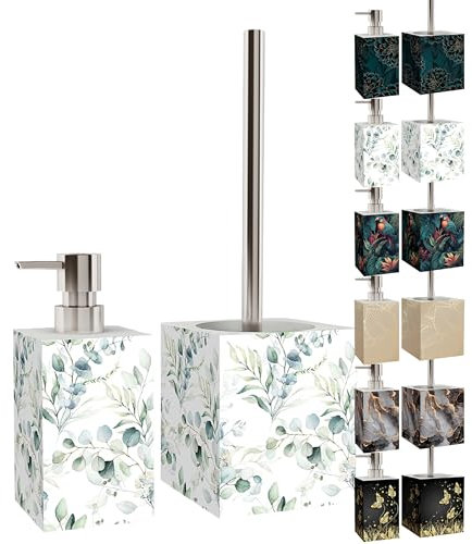 Sanilo Badezimmer Set, Seifenspender und WC Bürste mit Motiv, große Auswahl, Klobürste ohne Bohren, schöne Designs (Eukalyptus)