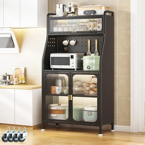 YOIZO Küchenschrank 86cm, Buffetschrank, Mutfak Dolabı, 5-stufiges Vorratsschrank, Mikrowellenschrank Hochschrank Küche mit Verstellbaren Ablagen mit Türen Schwarz (86x36x162cm)