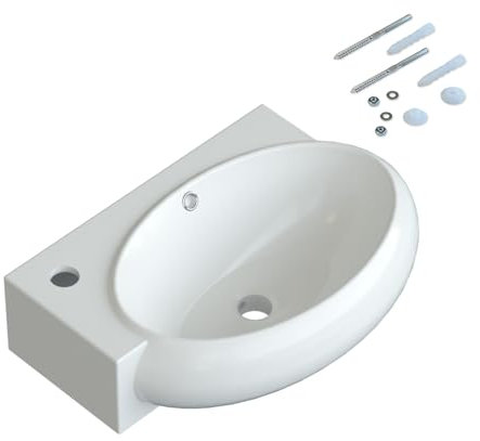 Waschbecken Keramik Waschtisch Hängewaschbecken klein Handwaschbecken Weiß Eckig-Oval 44 x 29 cm Badezimmer Gäste WC | Hahnloch Links | Überlauf | Stockschrauben | OHNE Wasserhahn | OHNE Ablaufventil