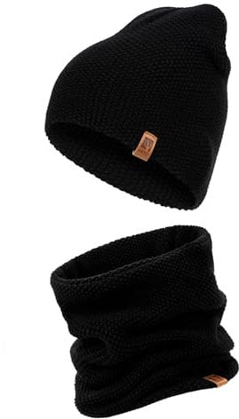 HEYO Herren Mütze Schal Set, gestrickte Wintermütze mit Schlauchschal, Warm Winterset HZ0013 (Schwarz)