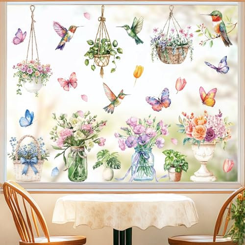 9 Blatt Fensterbilder Frühling Sommer Selbstklebend, Frühling Sommer Deko Innen Fensteraufkleber Frühling Fensterfolie Blumen Vögel Schmetterling, Fenstersticker Frühling Deko, Frühlingsdeko Fenster