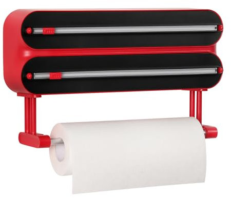 Quasziwa 3-in-1 Porta Rotolo da Cucina a Parete - Dispenser Pellicola e Alluminio Magnetico, Taglia Carta Stagnola Professionale con Portarotolo Estraibile - Facile da Installare e Salvaspazio, Rosso