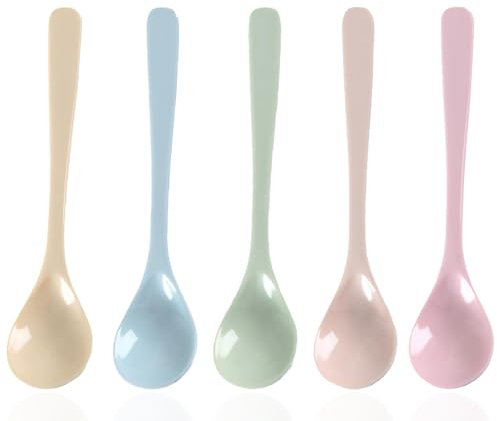FENGCHUANG Cuillere Plastique, 5 pcs Cuillere Plastique Reutilisable, Cuillère à Dessert Coloré, Cuillères à œUfs en Plastique Colorées pour Les Fêtes et Le Quotidien (16 cm, Colorful)