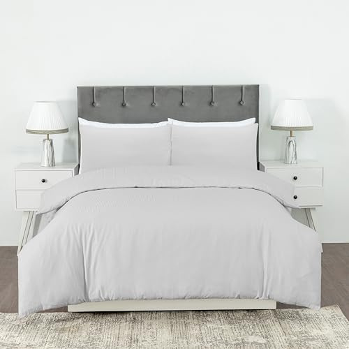 Dreamology Bettwäsche-Set für Einzelbetten (135 x 200 cm), Polyester-Baumwolle, strukturierter Stoff, Dobby-Streifen, Knopfverschluss, Bettbezug-Set, Bettbezüge mit 1 Kissenbezug (Silber, Einzelbett)