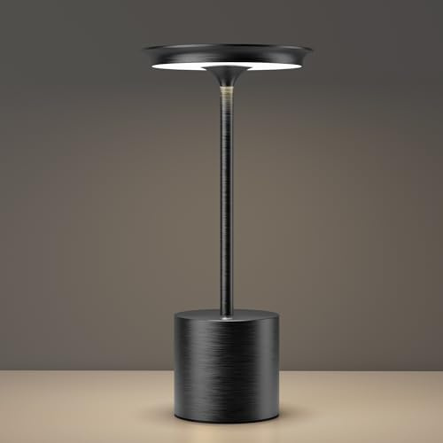 YIKUI Tischlampe Kabellose, LED 3 Farbtemperatur Dimmbare, Außenbereich Camping IP54 wasserdicht Tischleuchte, 6000 mAh Batterie Schlafzimmer Restaurant (Schwarz)