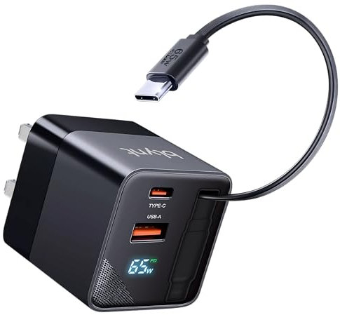 65W USB C Fast Charger with Retractable Type C Cable and Dual Port Output | Compatible with MacBook Pro/Air, iPhone 16/15, iPad, Galaxy S25/S24, Steam Deck, Switch | GaN Charging Tech