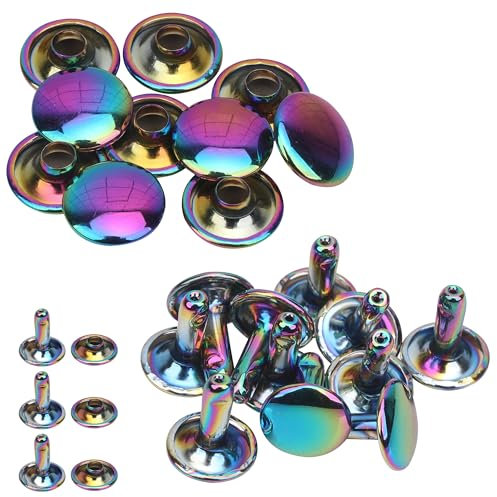 9mm Double Cap Rivets – 10 Sets Tubular Brass Studs for Leathercraft, Sewing, Handbags, Belts, Clothing Repair & DIY Projects – Colourful Dome Fasteners for Crafts & Accessories, Rainbow