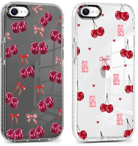 Saqmkil 2 Stück Hülle für iPhone 7/8/SE 2022/SE 2020, Aesthetic Schleifen Muster Design Mädchen Frauen Handyhülle, Transparent Weich Silikon Süßes Motiv Case Schutzhülle für iPhone 8 4,7'',Kirsche