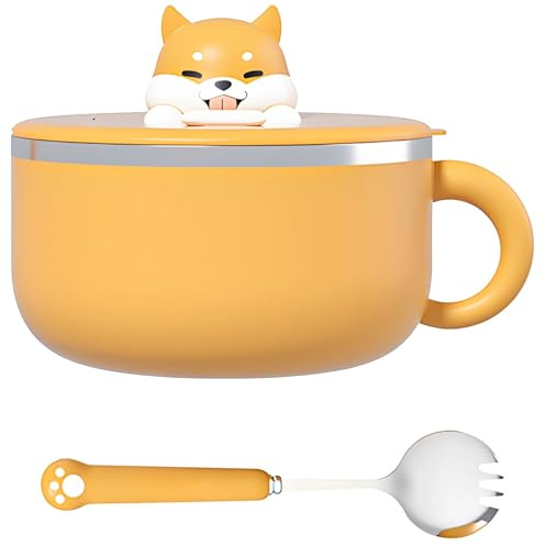 yeeplant Cute Shiba Inu Noodle Bowl, 40 Oz Stainless Steel Insulated Lunch Container with Spork & Phone Holder Lid, Double-Wall Design for Heat Retention