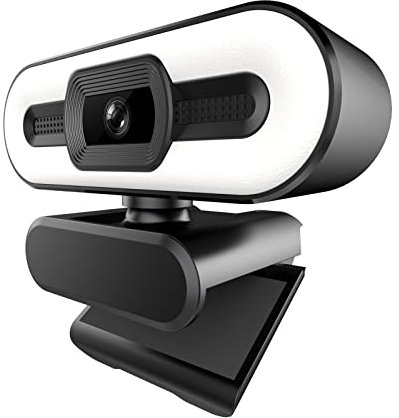 Webcam Full HD 1080P con luce ad anello regolabile, obiettivo ottico a fuoco fisso, microfono integrato, USB Plug & Play per PC, laptop, videoconferenze, streaming live