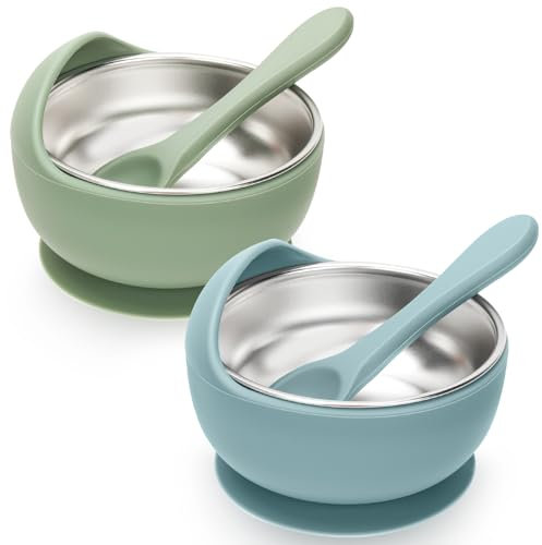 CLDY 2-Pack Stainless Baby Bowls, with Suction Base, Snail Feeding Setw, with 2 Silicone Spoons, Baby Stainless Steel Weaning Set, Food-Grade BPA-Free, Green & Blue