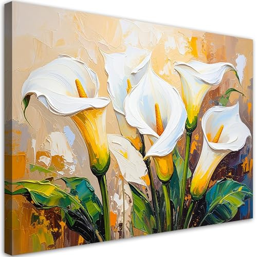 Feeby Leinwandbild - Bilder Wohnzimmer - Weiß - Callas - Blumen - 90x60 1tlg - Deko Schlafzimmer - Wanddekoration - Aesthetic - Groß Moderne Bild - Foto auf Leinwand