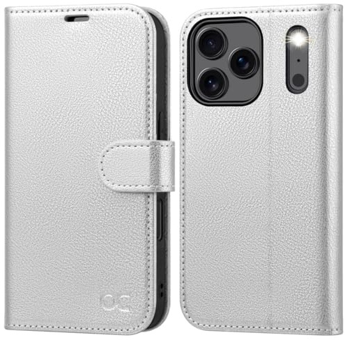 OCASE Hülle für iPhone 17 Pro 5G, Handyhülle Premium PU Leder Silber | Kartenfach Magnet Standfunktion RFID Blocker Stoßfest Lederhülle