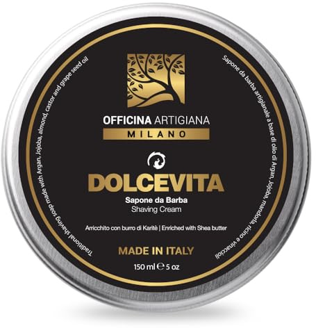 Officina Artigiana Milano Sapone da Barba Dolcevita 150ml – Sapone Artigianale da Rasatura con Burro di Karité, Argan, Jojoba – Made in Italy – Texture Ricca e Protettiva