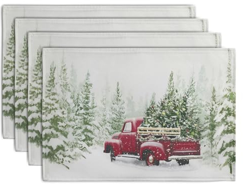 Wnoesat Red Truck Christmas Placemats Set of 4, 12x18 Inch Green Pine Tree Snow Xmas Table Mats Seasonal Rustic Farmhouse Linen Fabric Place Mats for Winter Holiday Party Kitchen Dining Decor