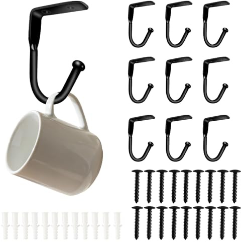 20 Pcs Black Cup Hooks Screw In, Mug Hooks Under Shelf Cup Holder, Metal Mug Holder Under Cupboard Wall Mounted for Kitchen Utensil Storage Pans and Pots Coffee Tea Cups, with Screws, as Coat Hookss