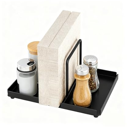Pabbyeey Portatovaglioli Nero in Acciaio al Carbonio con Porta Spezie | Portatovaglioli Metallo 23×16,5×14 cm, Porta Sale & Pepe, Stabile, Antigraffio, per Cucina, Tavolo, Ufficio e Picnic