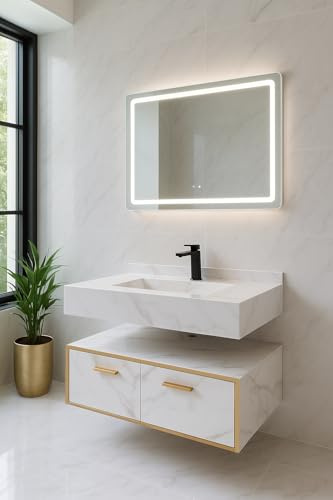WITIT ARREDO BAGNO SET COMPLETO MOBILE BAGNO SOSPESO IN LEGNO BC011 DA 90 CM BIANCO ORO CON 2 CASSETTI LAVABO BIANCO STRIATO IN CERAMICA E SPECCHIERA LED VETRO RISCALDABILE