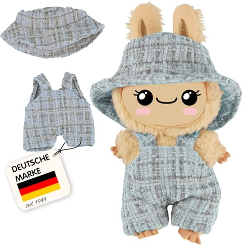 Heless Monster Styles 7512 - Bouclé Puppen-Latzhose mit Fischerhut in Blau, mit Karo-Muster, Kawaii Set für Monster der Größe 15 cm