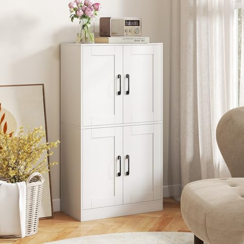GIANTEX Küchenschrank 110 cm Hoch, Mehrzweckschrank Aufbewahrungsschrank Küche, Buffetschrank mit verstellbaren Regalen & Türen, Vorratsschrank Holz Stehend, Esszimmerschrank Sideboard Küche, Weiß