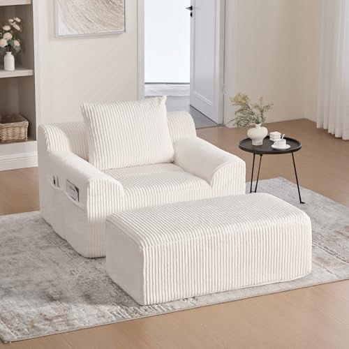 HAUSPROFI Übergroßer Schlafsofa aus Cord 1-Sitzer | Schlafsessel mit Fußstütze & Seitentaschen | Moderner Chaiselongue Sofa kein Aufbau | Relaxsessel für Wohnzimmer, Büro oder Apartment | Beige