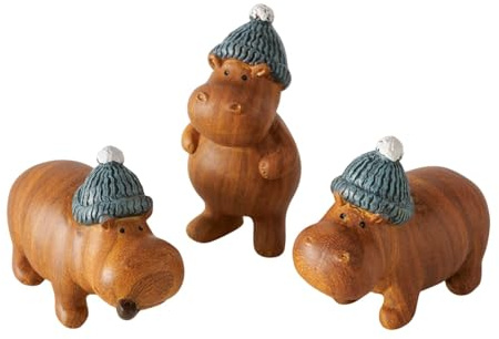 Deko Nilpferd Figuren Set 3er – Hippo Deko in Holzoptik mit Strickmütze – 3 Dekofiguren fürs Wohnzimmer, Regal & Winterdeko – Skandi Landhaus Dekoration