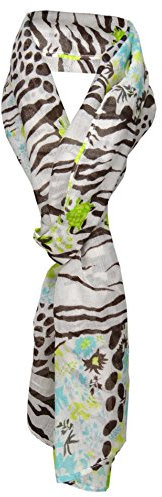 TigerTie Viskose Schal in grün türkis dunkelbraun beige neongrün gemustert - Halstuch Gr. 180 x 50 cm