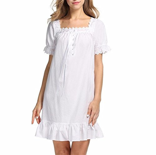 MaxxCloud Kurzes viktorianisches Nachthemd aus 100 % Baumwolle, knielang, niedliches Spitzen-Nachthemd mit Rüschen, Weiss/opulenter Garten, X-Large
