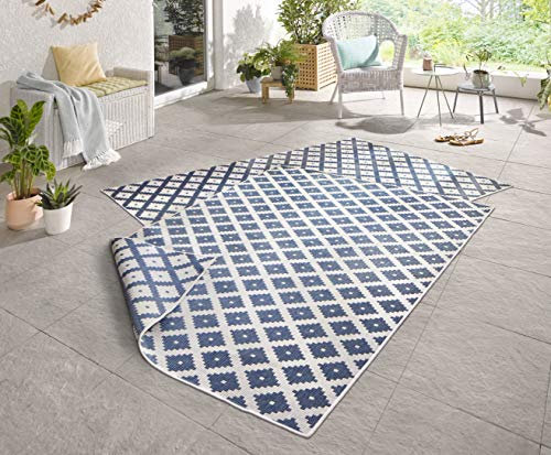 NORTHRUGS In- und Outdoor Teppich Nizza 200x290cm - Wendeteppich Wetterfest Modernes Geometrisches Muster für Balkon Terrasse Garten Wintergarten Küche Wohnzimmerteppich Wasserfest in Blau Creme
