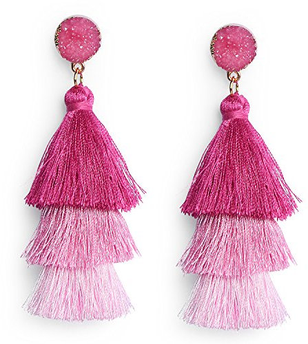 Orecchini a perno a 3 livelli colorati con nappa, stile bohémien, a 3 livelli, per donne e ragazze e Lega, colore: Rosa sfumato., cod. EE04T24