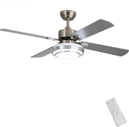 Ventilador de techo interior FINXIN con control remoto LED de 52 pulgadas, níquel cepillado, para dormitorio, sala de estar y comedor. Incluye motor e interruptor remoto.