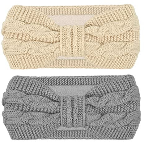 HOOWA Stirnband Damen Winter Gefüttert mit Fleece, 2pcs Mädchen Haarband Strick Haarbänder Elastische Stirnbänder Damen, Verdicken Kopfband Ohrenwärmer Warm Frauen
