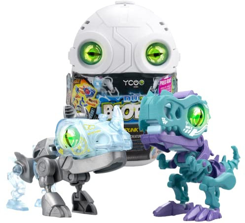 YCOO 88112 Biopod Cyberpunk Duo by Silverlit, 2 Roboter Dinosaurier in einem Überraschungsei zum Bauen, Licht- und Soundeffekte, 6 Verschiedene Biopods zum Sammeln, 9 cm, Ab 5 Jahre