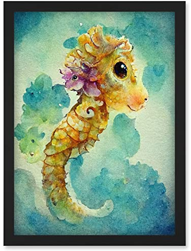 Doppelganger33 LTD Cute Baby Seahorse Kids Bedroom Watercolour Illustration Artwork Framed Wall Art Print A4