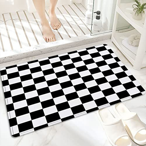 Badematte, rutschfest Waschbar Badezimmerteppich 60x100 cm,Weiße und schwarze geometrische karierte Quadr,Badvorleger mit Wasserabsorbierenden, Weichen Mikrofasern für Badewanne, Dusche und Badezimmer