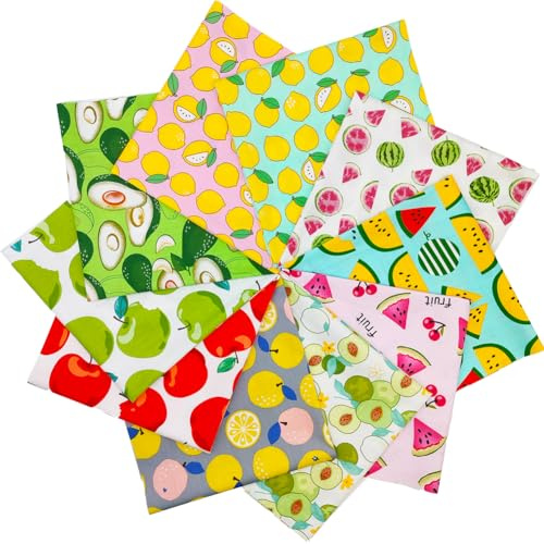 MIDUOLE Fat Quarters Fabric Bundles, 10 Pcs 100% Cotton 19.69” x 19.69” (50cmx50cm) Precut Quilting Fabric Squares Sheets for DIY Patchwork Sewing Quilting Crafting, No Repeat Design Fruit Pattern.