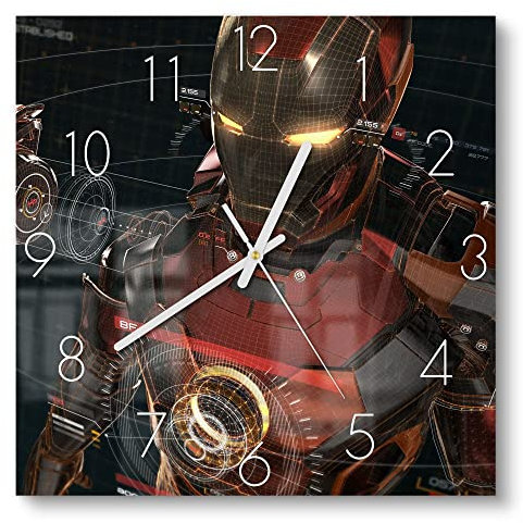 DEQORI Glasuhr | 30x30 cm | Motiv Legendäre Iron Man Anzug | ausgefallene leise Design Uhr aus Glas | Wanduhr für Wohnzimmer & Küche | Moderne Hingucker Uhr für die Wand