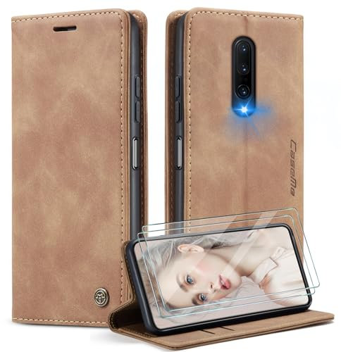 CaseMe Handyhülle für OnePlus 8 Hülle +2 Stück Panzerglas Schutzfolie, Premium Leder Brieftasche Schutzhülle [Kartenfach][Stand] für OnePlus 8, Braun
