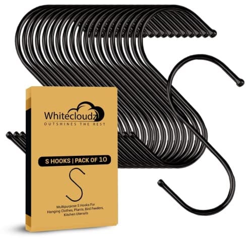 WHITECLOUDZ 10Pack Black Heavy Duty S Hooks for Hanging, Durable Wall Hanging Hooks, Metal Hooks for Hanging clothes, Kitchen Hooks for Utensils, ceiling hooks for hanging plants,(8.4cm)S Shaped Hooks