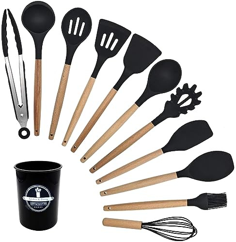 HOMESOFT Küchenutensilien-Set, 12-teilig, Silikon und Holz (schwarz)