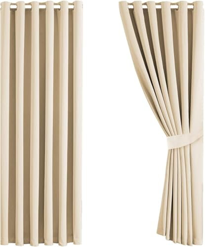 AMEHA Blackout Eyelet Curtains for Living Room 90x90 Inch Drop Black Out Curtains Thermal Insulated Energy Saving Ring Top Cream Curtain 2 Panels & Tieback