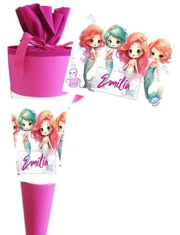 Schultüte für Mädchen mit Meerjungfrau personalisiert mit Namen – Zuckertüte Unterwasserwelt zur Einschulung - Fertig 70 cm groß pink - NEU