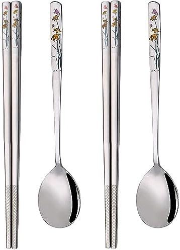 YAPULLYA Set regalo con cucchiaio da zuppa coreano con manico lungo e bacchette, in acciaio inox 18/8, multicolore, con incisione laser, bacchette e cucchiaio, in metallo, riutilizzabili, set regalo,