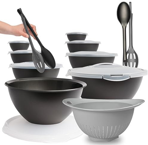 Hausfelder Salatschüssel Set groß, 21teilig, 2x Salatschüssel Set 8-teilig inkl. Deckel, 2x Salatbesteck Schwarz Anthrazit, 1x Salatsieb grau aus Kunststoff BPA-frei
