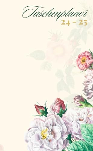 Taschenplaner 24-25: Einband mit rosa und gelbem Blumenmuster, 62 Seiten, gut für die Planung und Organisation wichtiger Termine und Veranstaltungen.