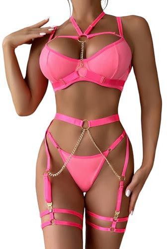 Aranmei Ensembles de Lingerie pour Femme Sexy à Bretelles 5 pièces avec Jarretelles avec Soutien-Gorge Push-up à Armatures et chaîne(Rose,S)