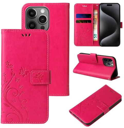 LBH Handy Hülle für Apple iPhone 15 Pro Max Case Handytasche Schmetterling Blumen Flower Standfunktion Schutzhülle Magnet Rundum Schutz 360 Grad Flipcase Cover Pink